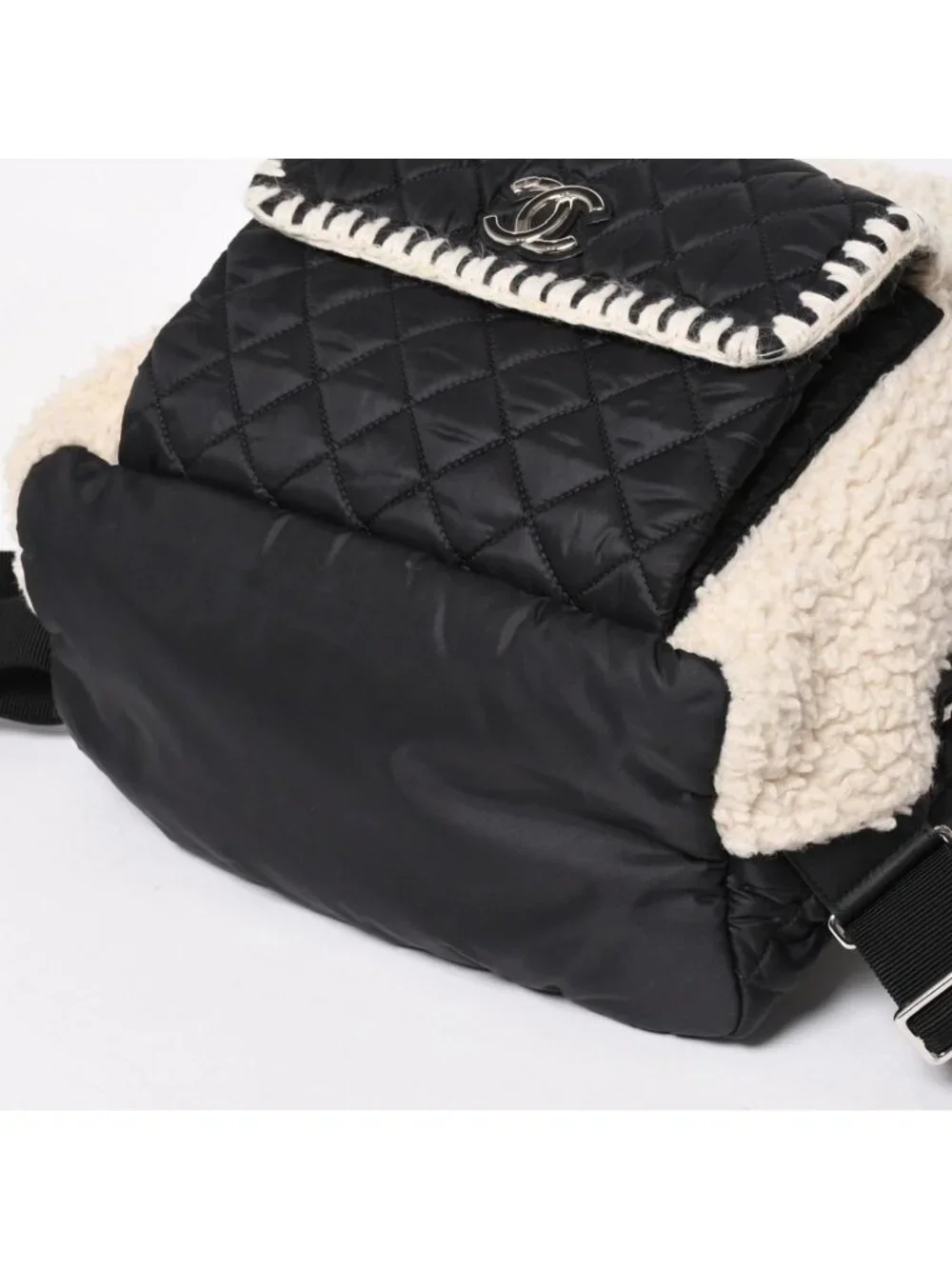 Chanel Coco Niege Neige Backpack CC Logo Nylon Fleece Beige Black